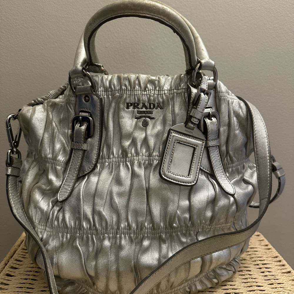 Authentic Prada Nappa Gaufre metallic silver leather tote bag with Silver Strap.